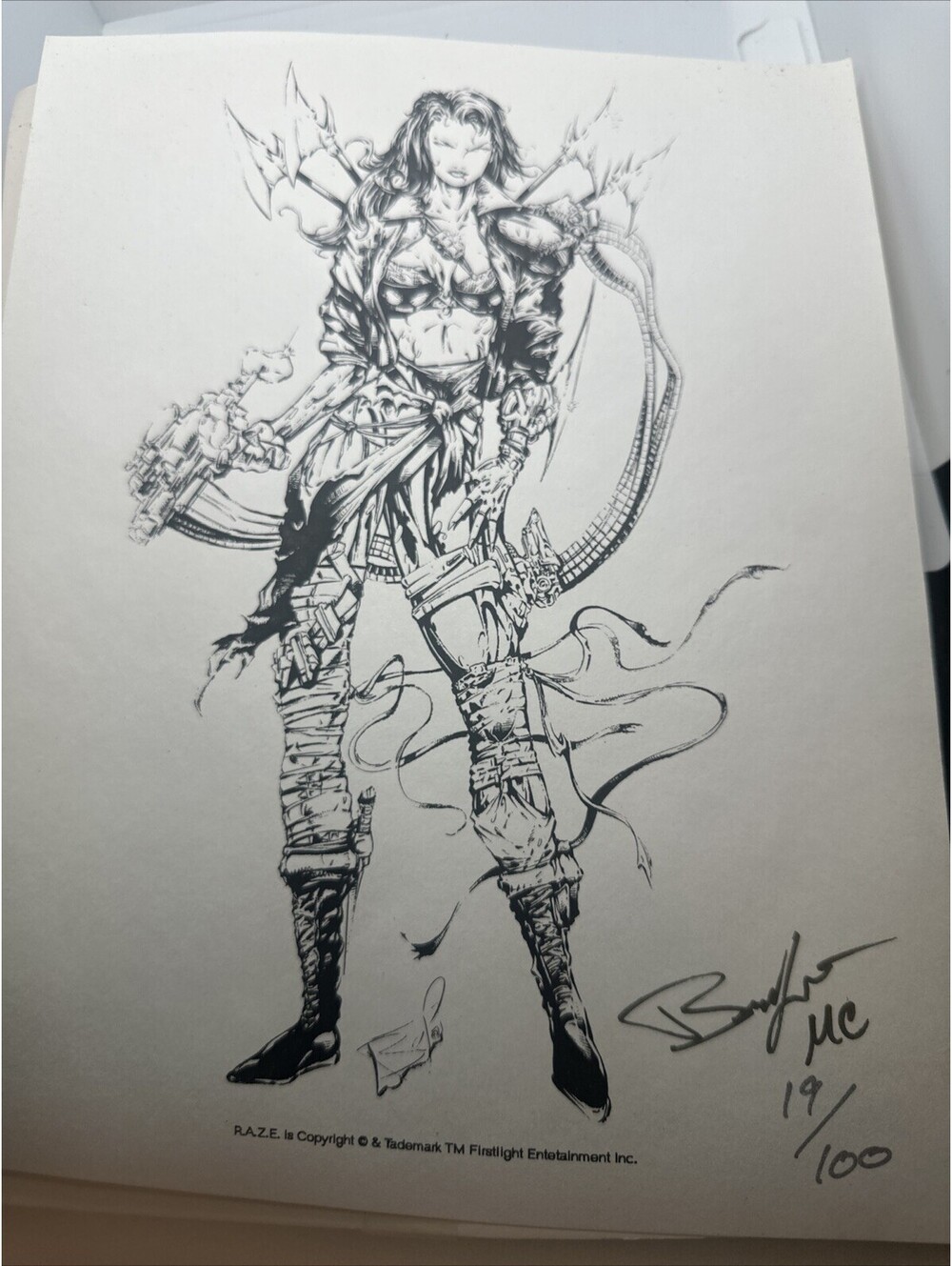 Raze R.A.Z.E. RAZE Signed Print 19/100 8.5x11” Firstlight Comixx Entertainment
